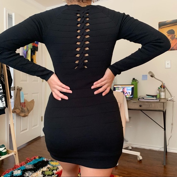 GUESS long sleeve black bandage bodycon dress sz:2 - Picture 2 of 2